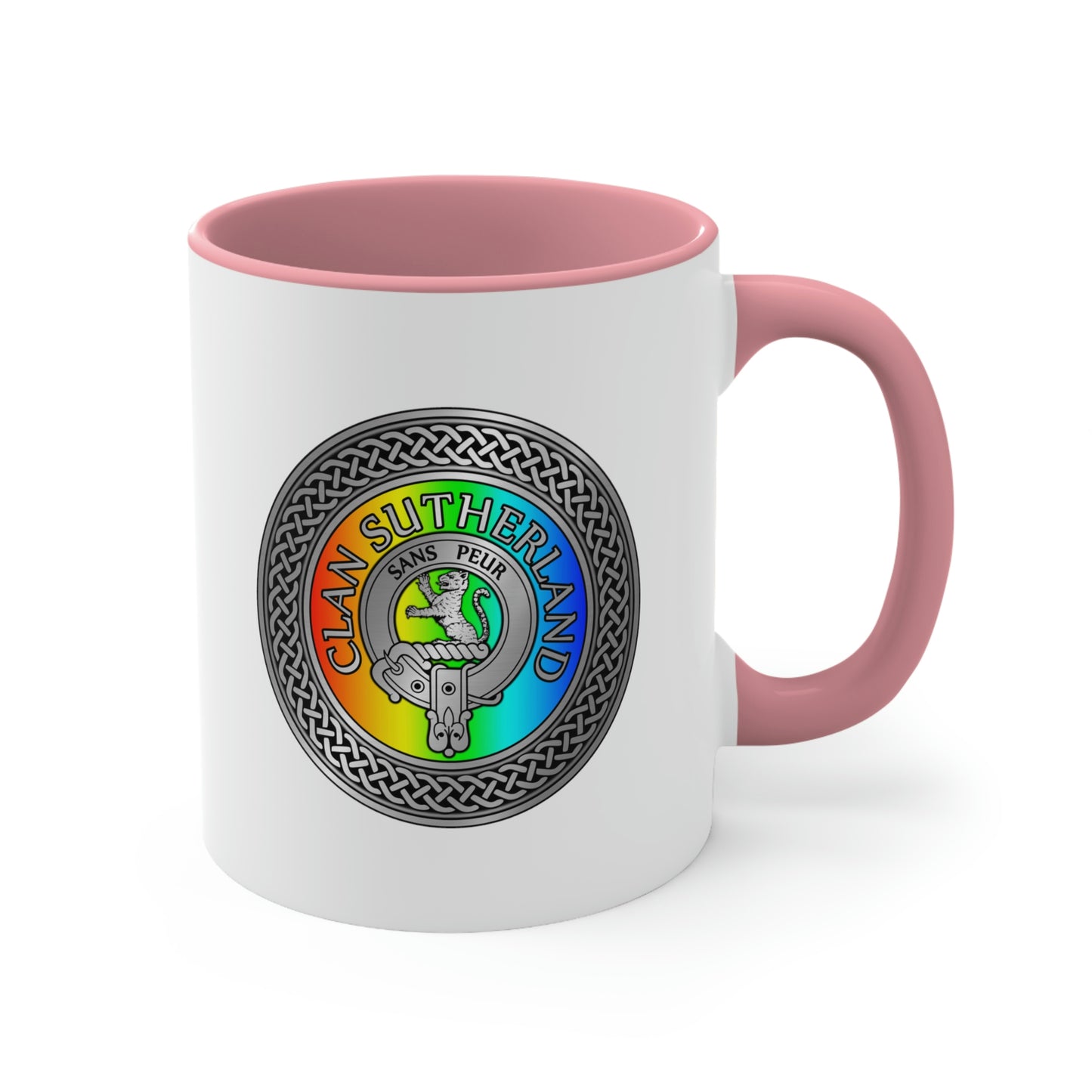 Clan Sutherland Rainbow Crest & Tartan Accent Coffee Mug, 11oz