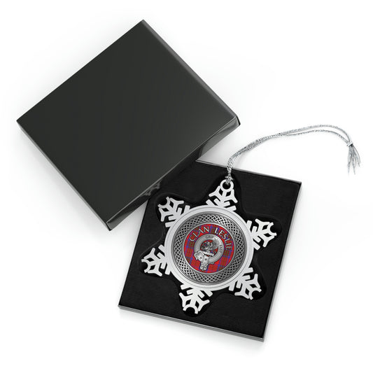 Clan Leslie Crest & Tartan Knot Pewter Snowflake Ornament