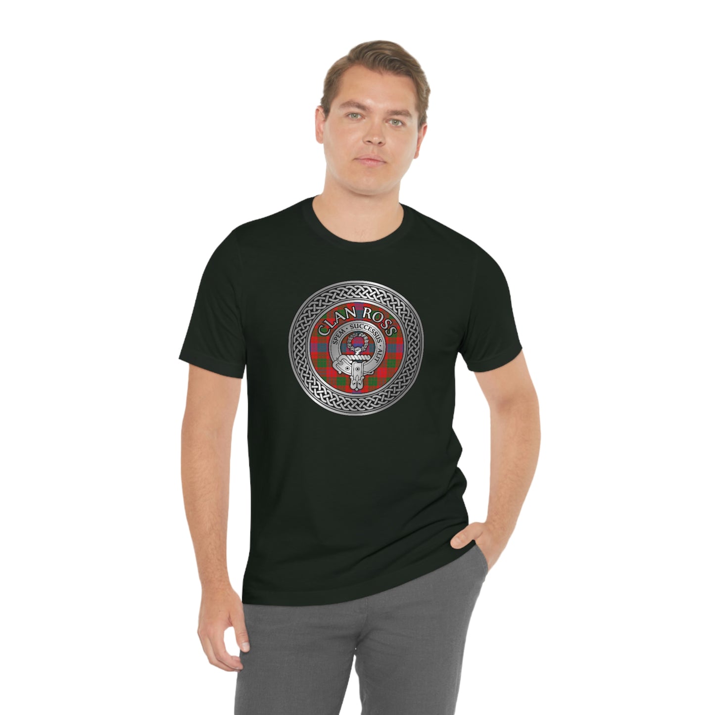 Clan Ross Tartan & Crest in Celtic Knot T-Shirt