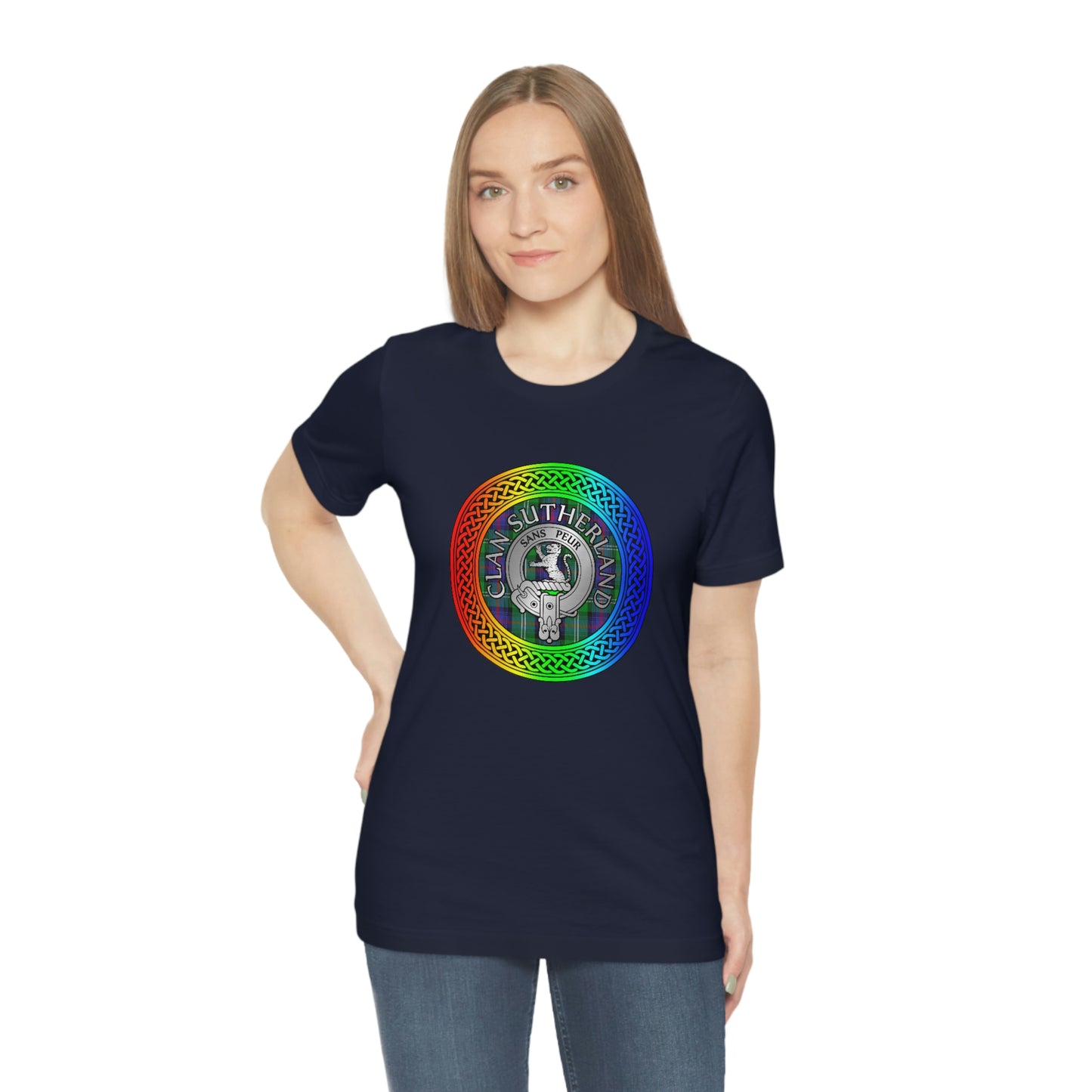 Clan Sutherland Crest & Tartan in Rainbow Knot T-Shirt