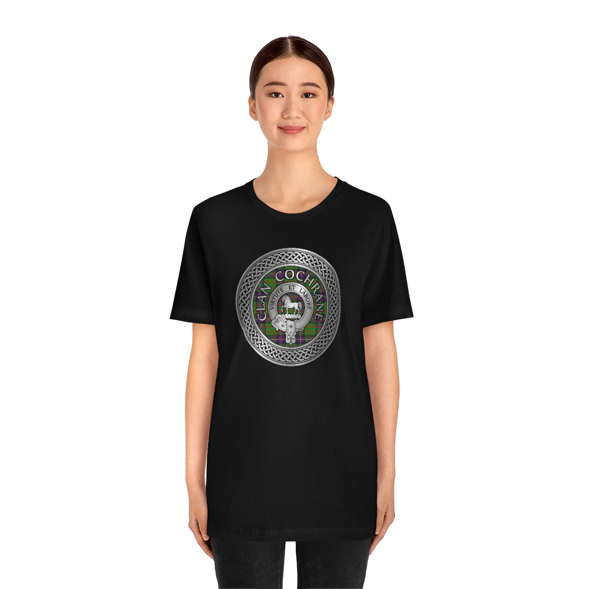 Clan Cochrane Crest & Tartan in Celtic Knot T-Shirt