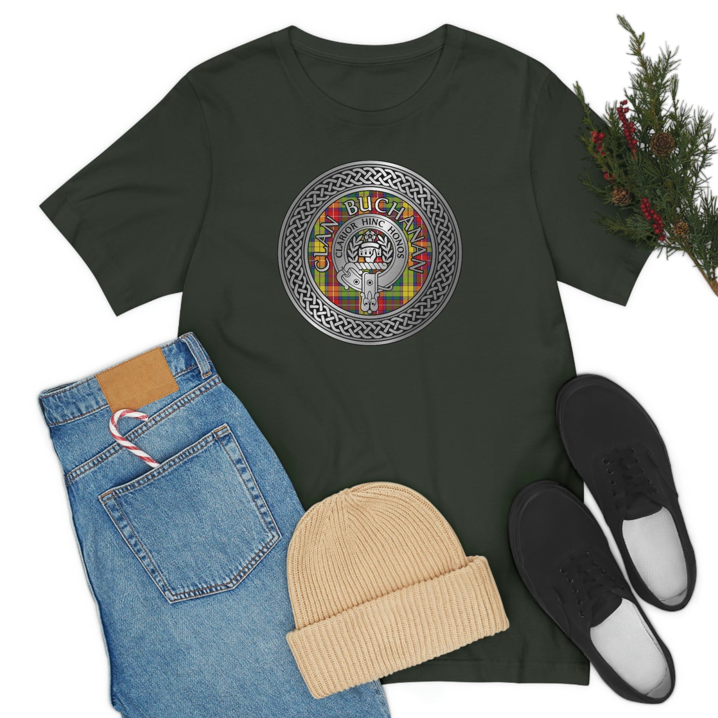 Clan Buchanan Tartan & Crest in Celtic Knot T-Shirt