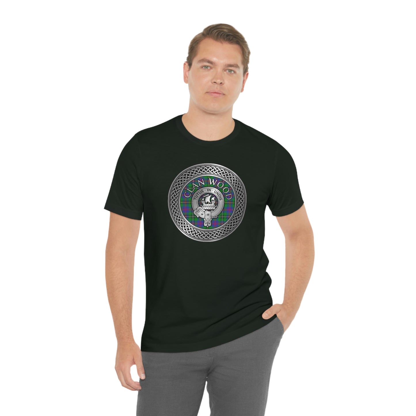 Clan Wood Tartan & Crest in Celtic Knot T-Shirt