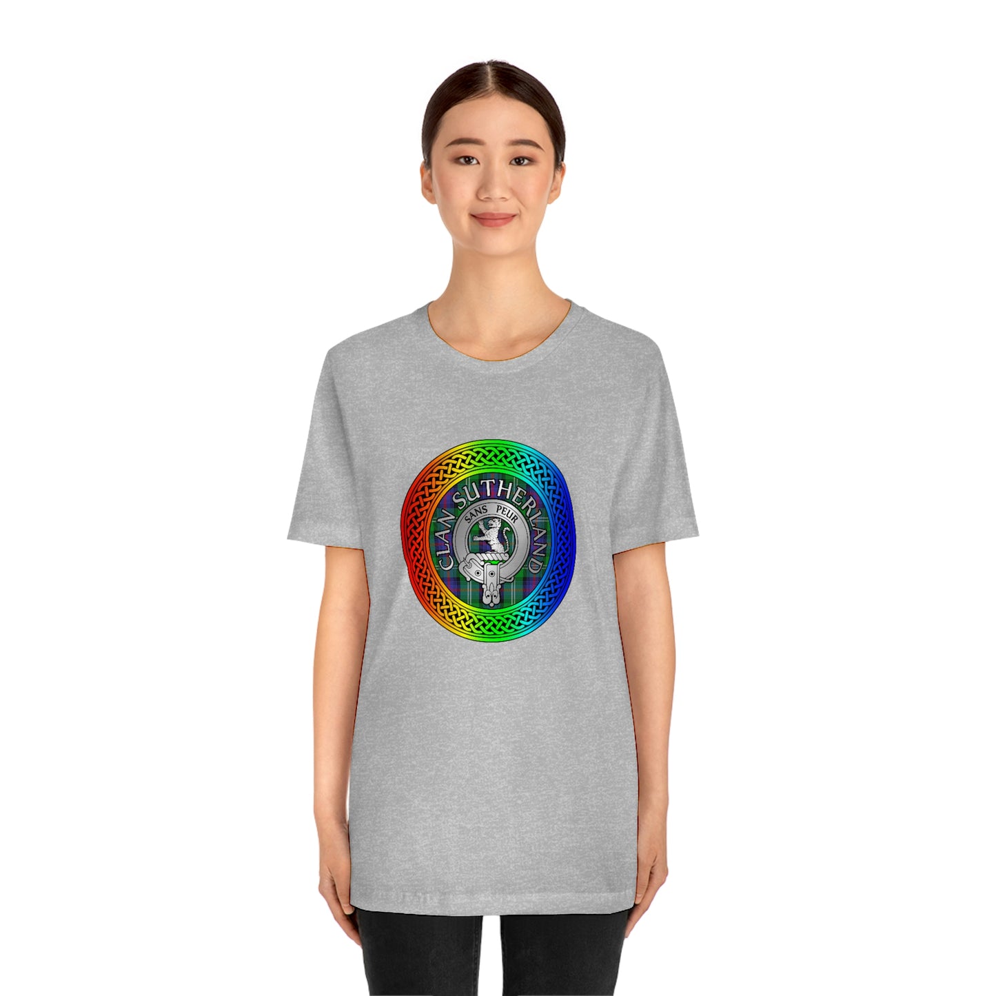 Clan Sutherland Crest & Tartan in Rainbow Knot T-Shirt