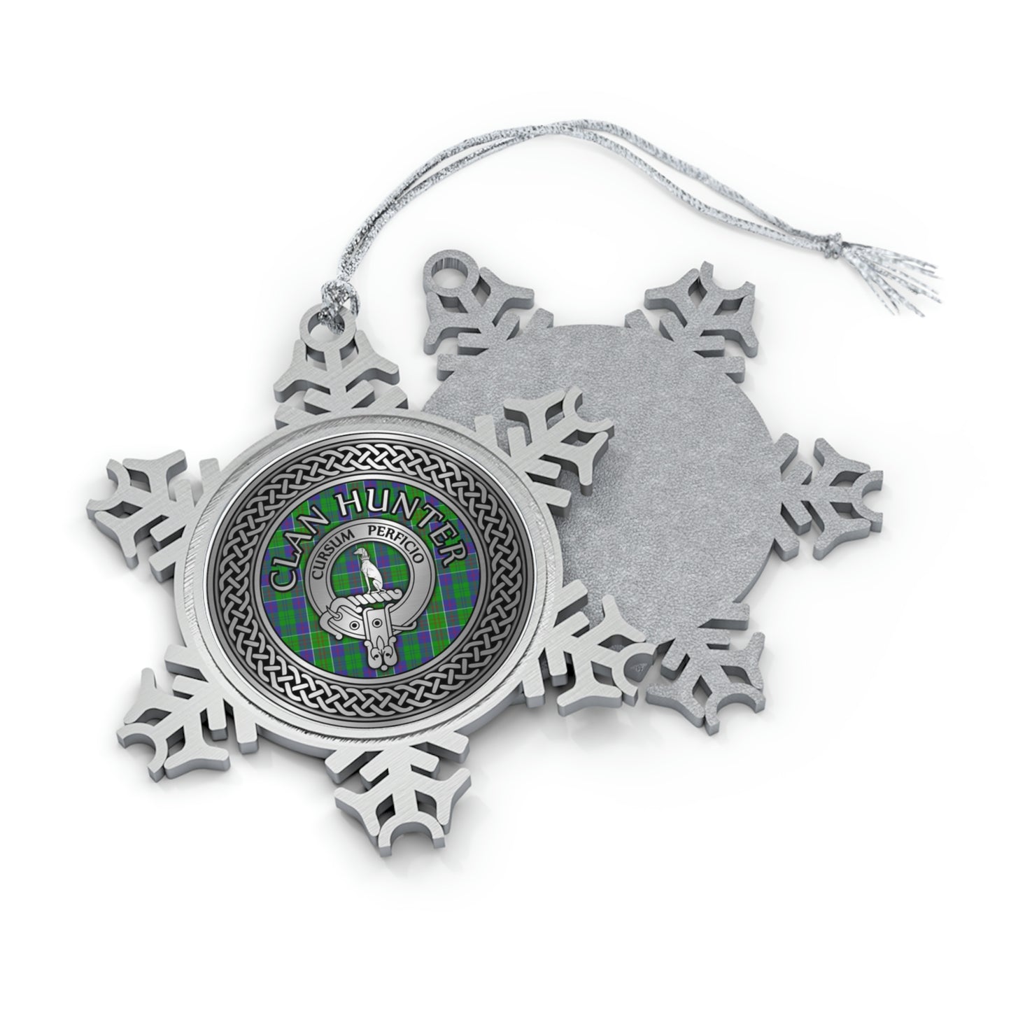 Clan Hunter Crest & Tartan Knot Pewter Snowflake Ornament (AU/NZ only)