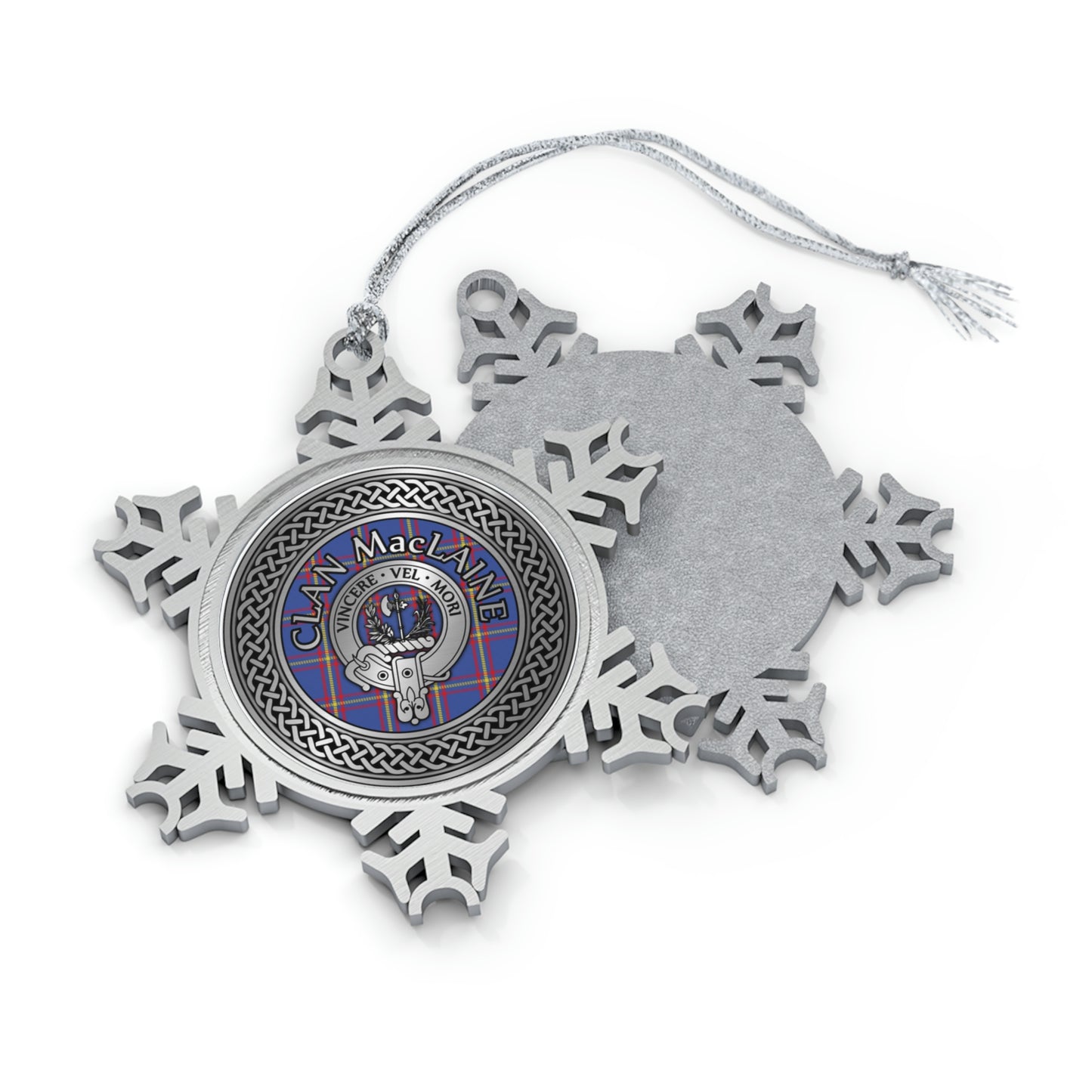 Clan MacLaine Crest & Tartan Knot Pewter Snowflake Ornament (AU/NZ only)