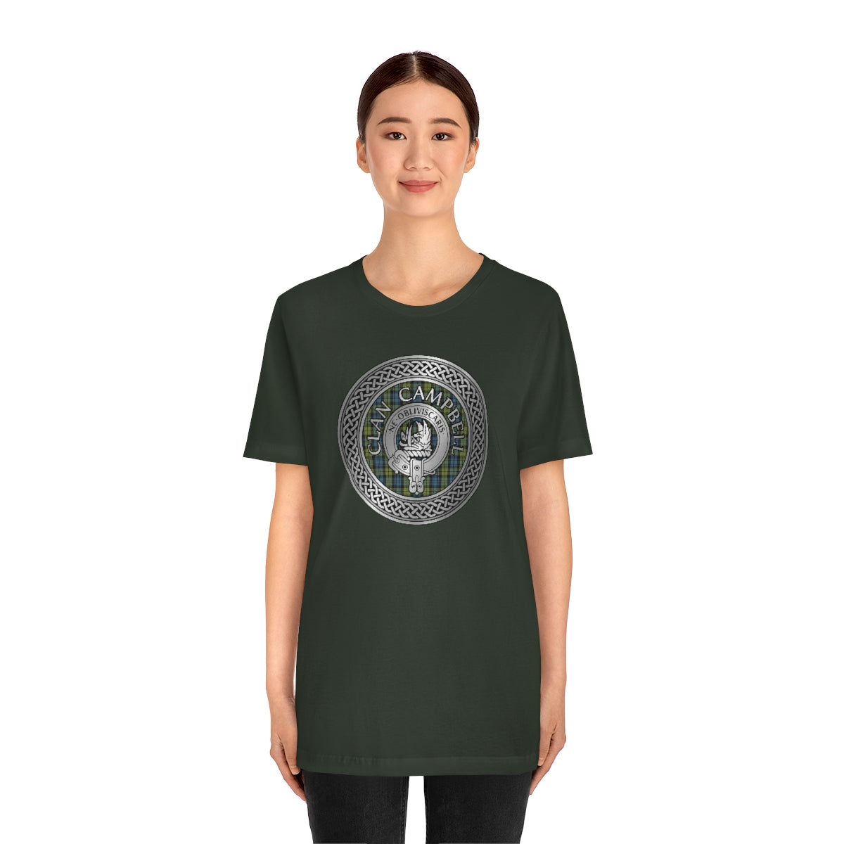 Clan Campbell Crest & Tartan in Celtic Knot T-Shirt