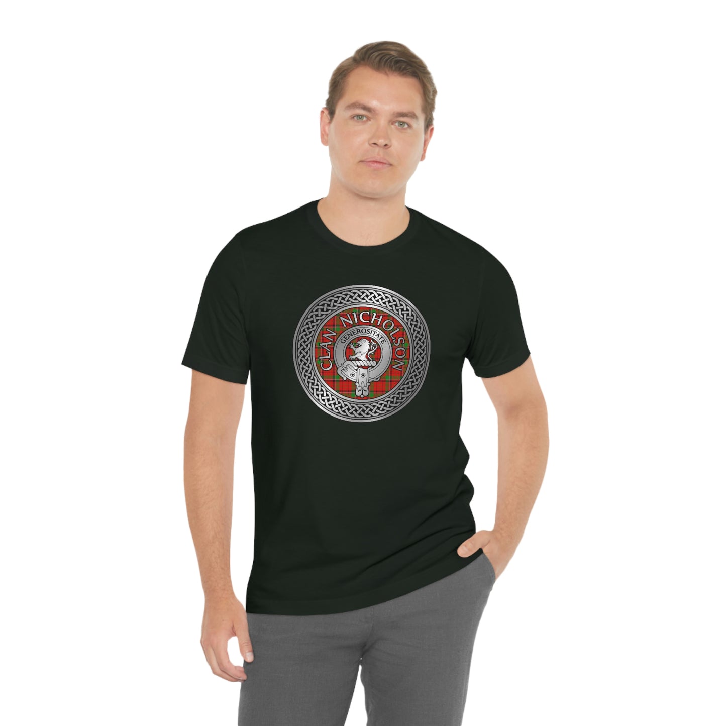 Clan Nicholson Tartan & Crest in Celtic Knot T-Shirt