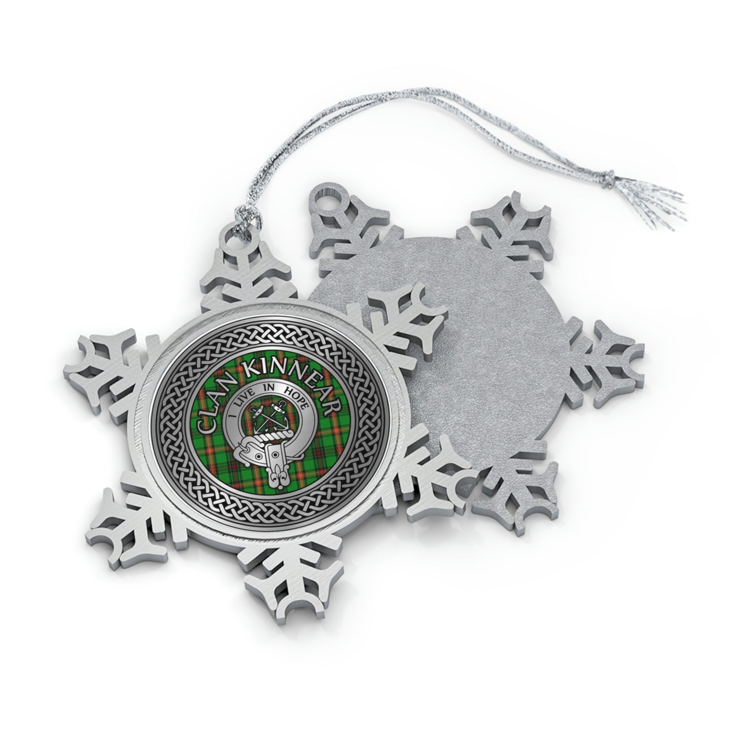 Clan Kinnear Crest & Tartan Knot Pewter Snowflake Ornament (AU/NZ only)