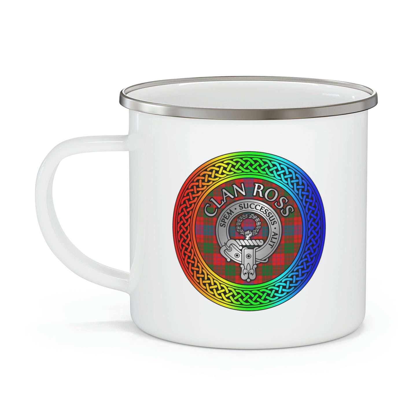 Clan Ross Crest & Tartan Rainbow Knot Enamel Camping Mug