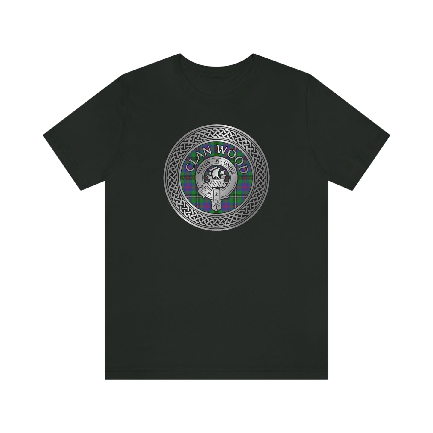 Clan Wood Tartan & Crest in Celtic Knot T-Shirt