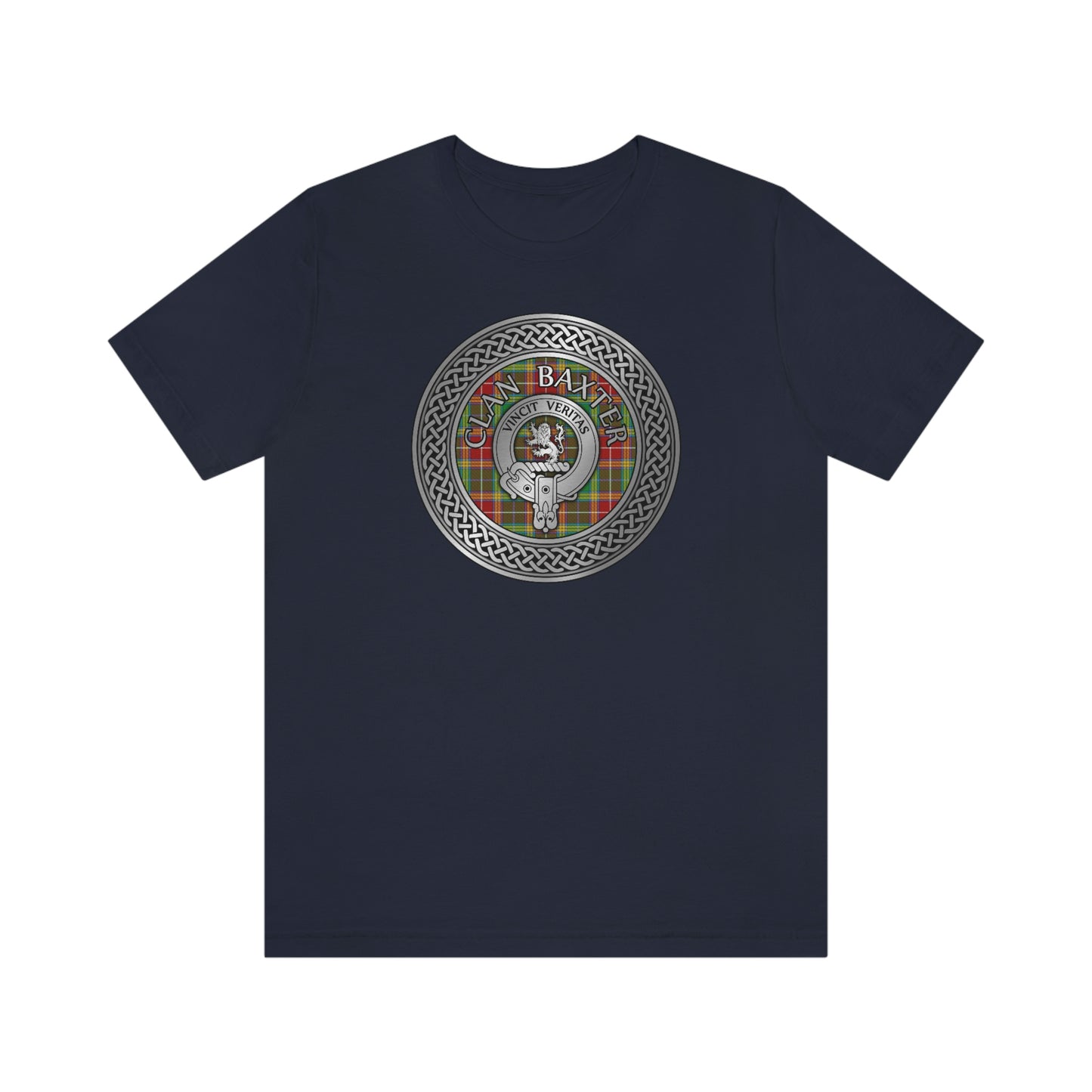 Clan Baxter Tartan & Crest in Celtic Knot T-Shirt