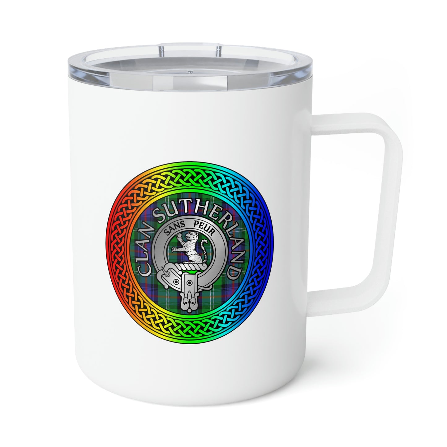 Clan Sutherland Rainbow Crest & Tartan Insulated Coffee Mug, 10oz