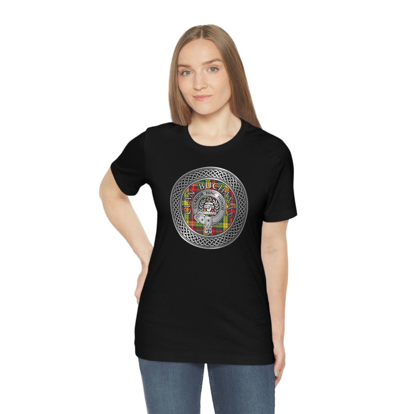 Clan Buchanan Tartan & Crest in Celtic Knot T-Shirt