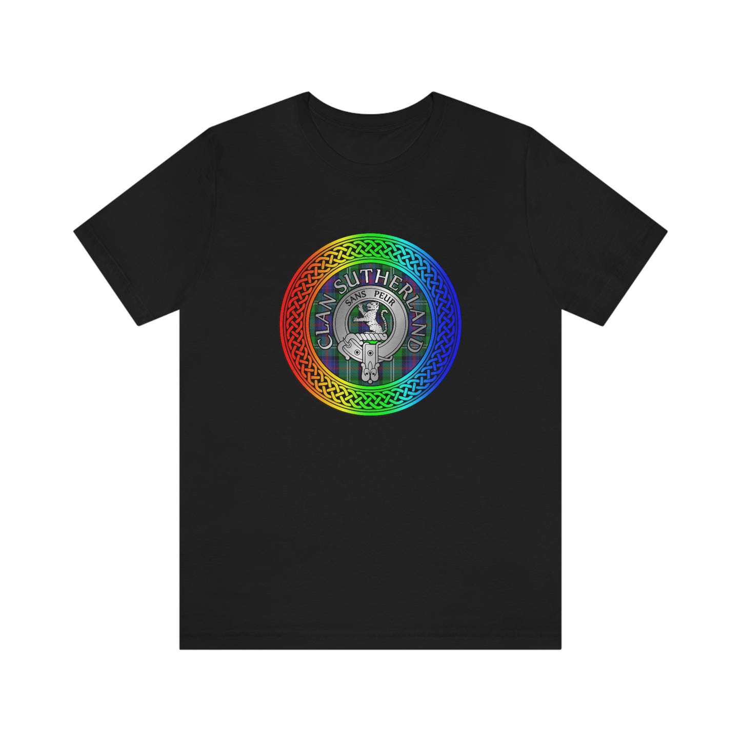 Clan Sutherland Crest & Tartan in Rainbow Knot T-Shirt