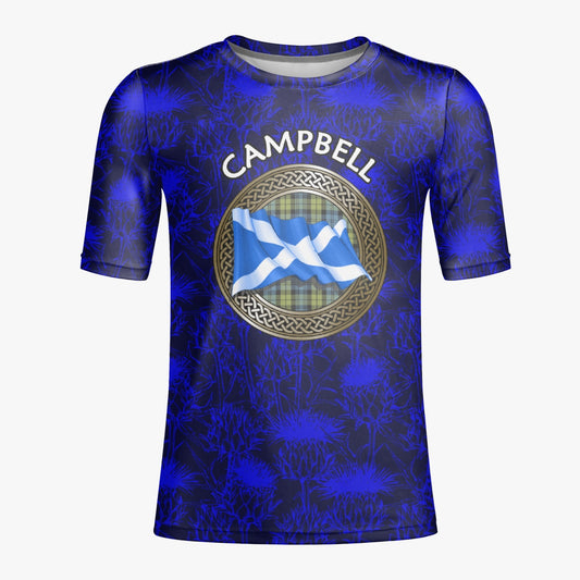 Clan Campbell Tartan Knot & Flag on Scottish Thistle AOP Men T-shirt