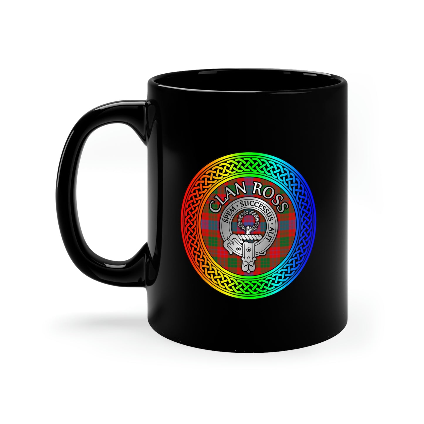 Clan Ross Crest & Tartan Rainbow Knot 11oz Black Mug