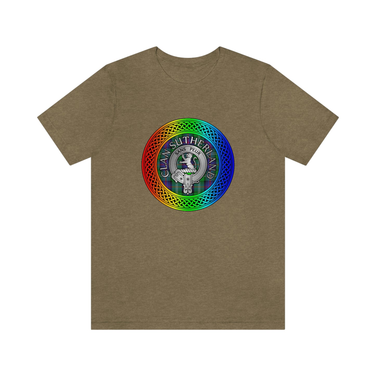 Clan Sutherland Crest & Tartan in Rainbow Knot T-Shirt