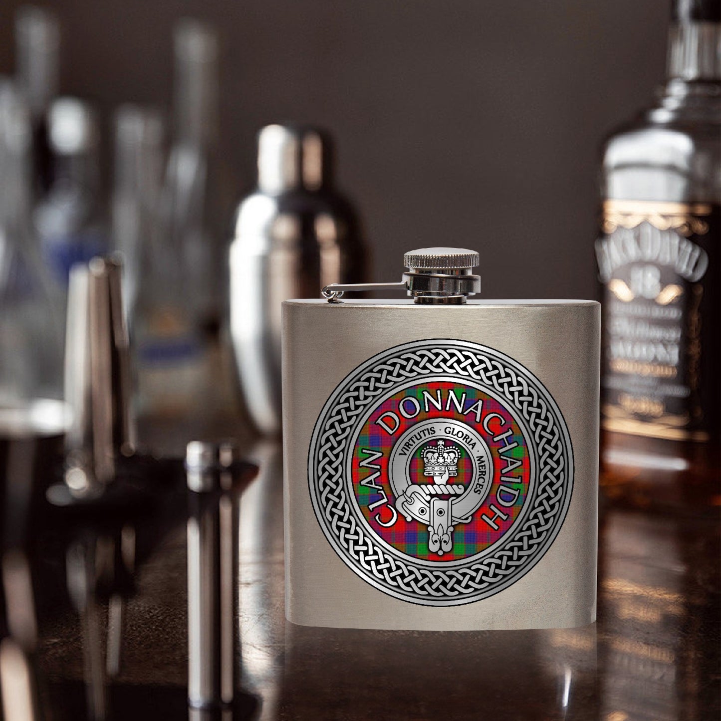 Clan Donnachaidh Crest & Tartan 6oz Stainless Steel Hip Flask