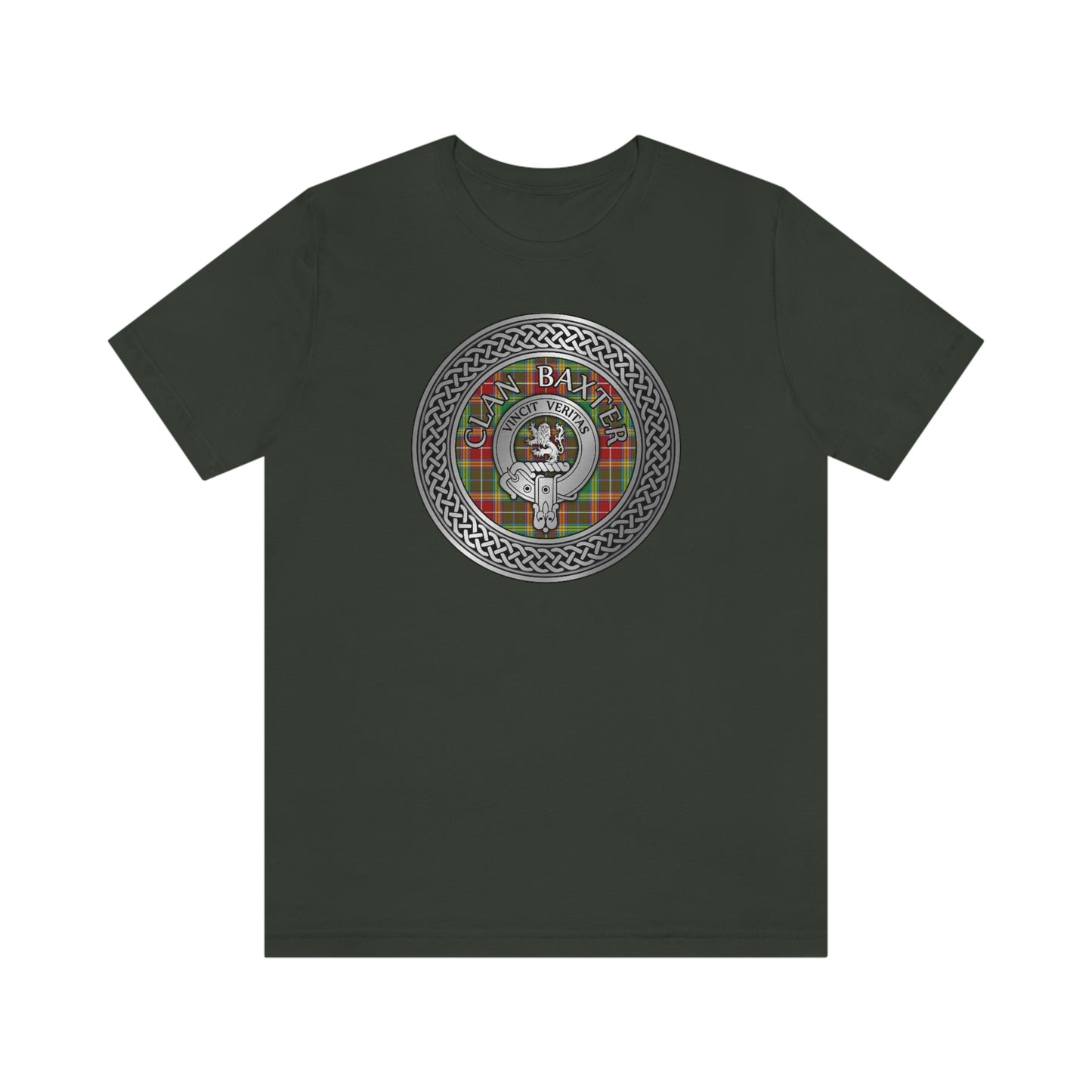 Clan Baxter Tartan & Crest in Celtic Knot T-Shirt