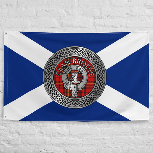 Clan Brodie Crest & Tartan Knot on Scottish Saltire Flag