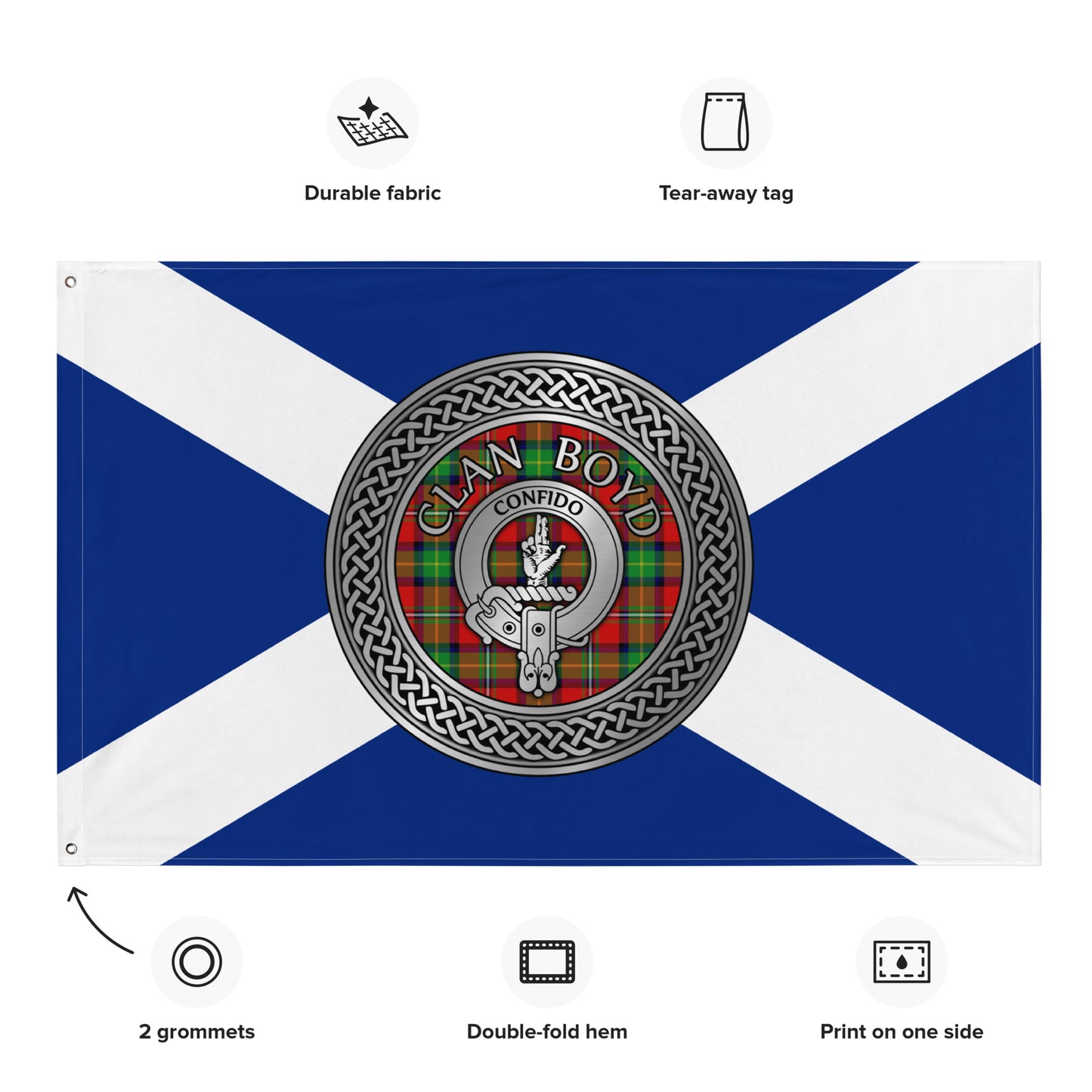 Clan Boyd Crest & Tartan Knot on Scottish Saltire Flag