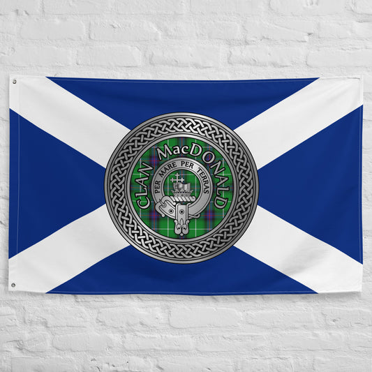 Clan MacDonald Crest & Tartan Knot on Scottish Saltire Flag