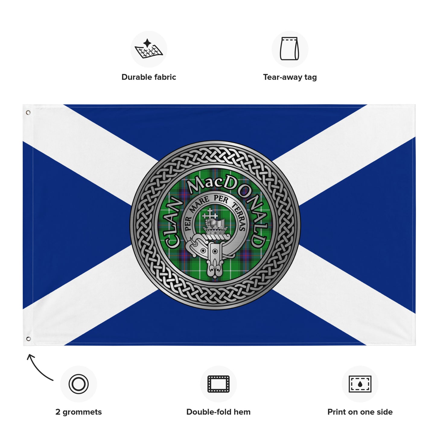 Clan MacDonald Crest & Tartan Knot on Scottish Saltire Flag