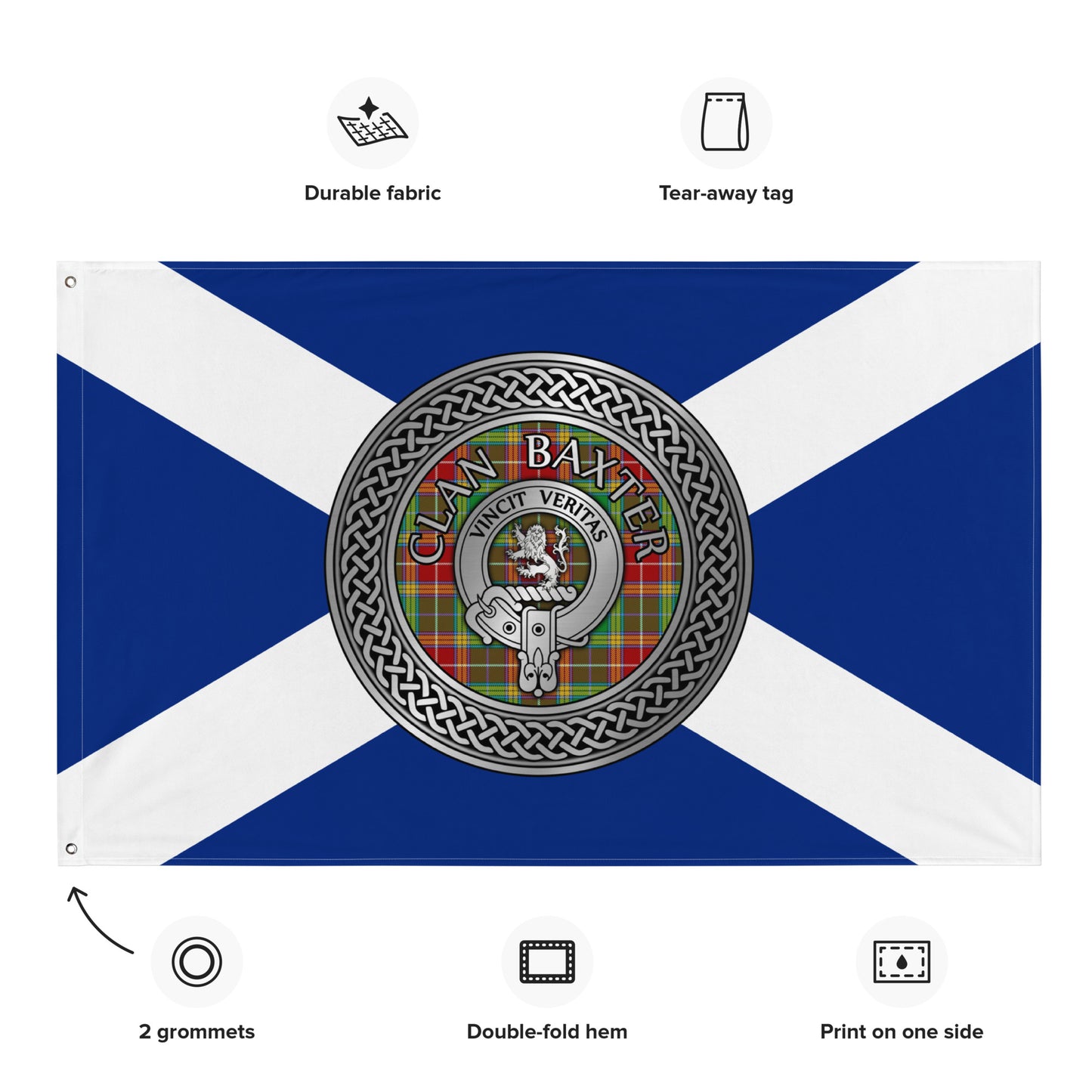 Clan Baxter Crest & Tartan Knot on Scottish Saltire Flag