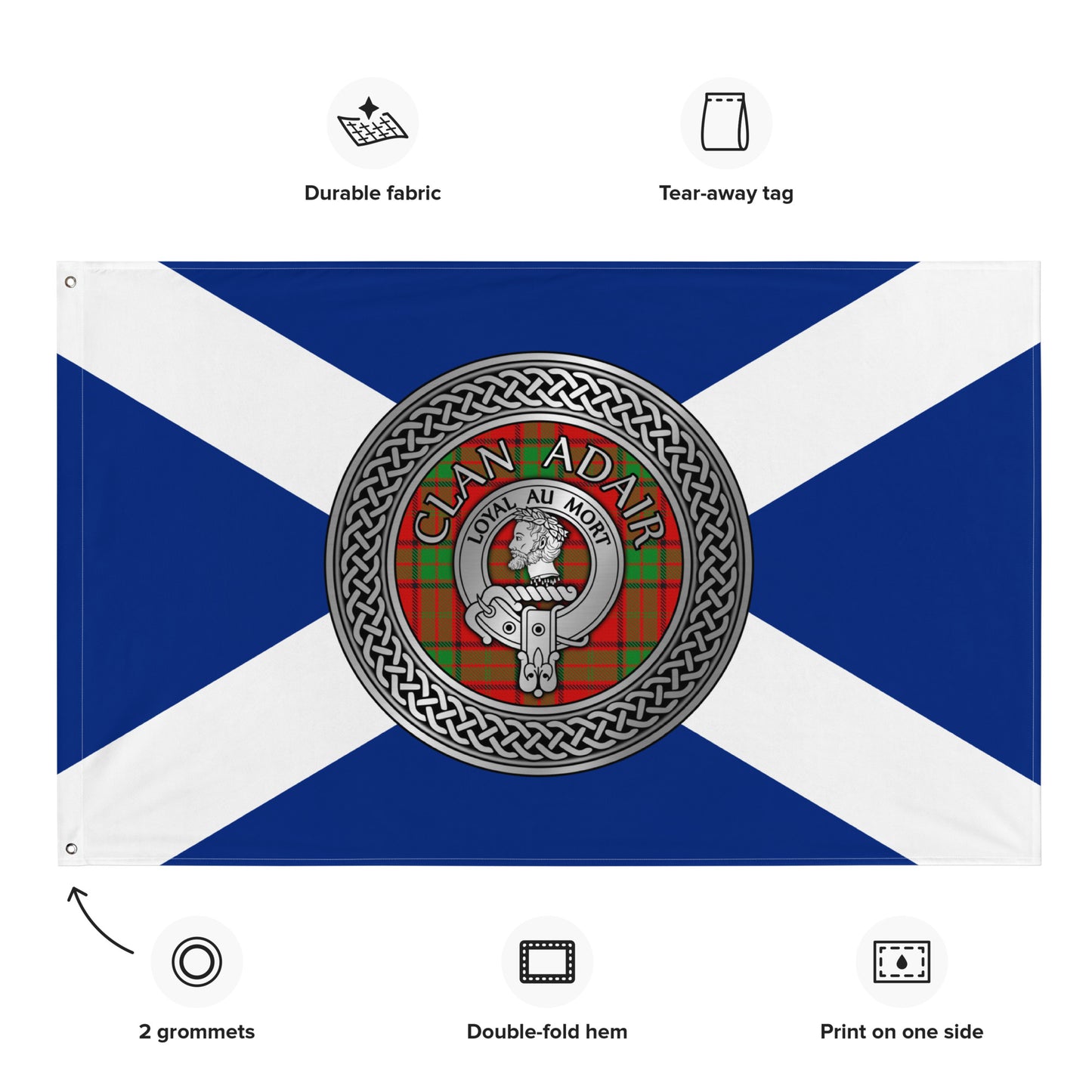 Clan Adair Crest & Tartan Knot on Scottish Saltire Flag