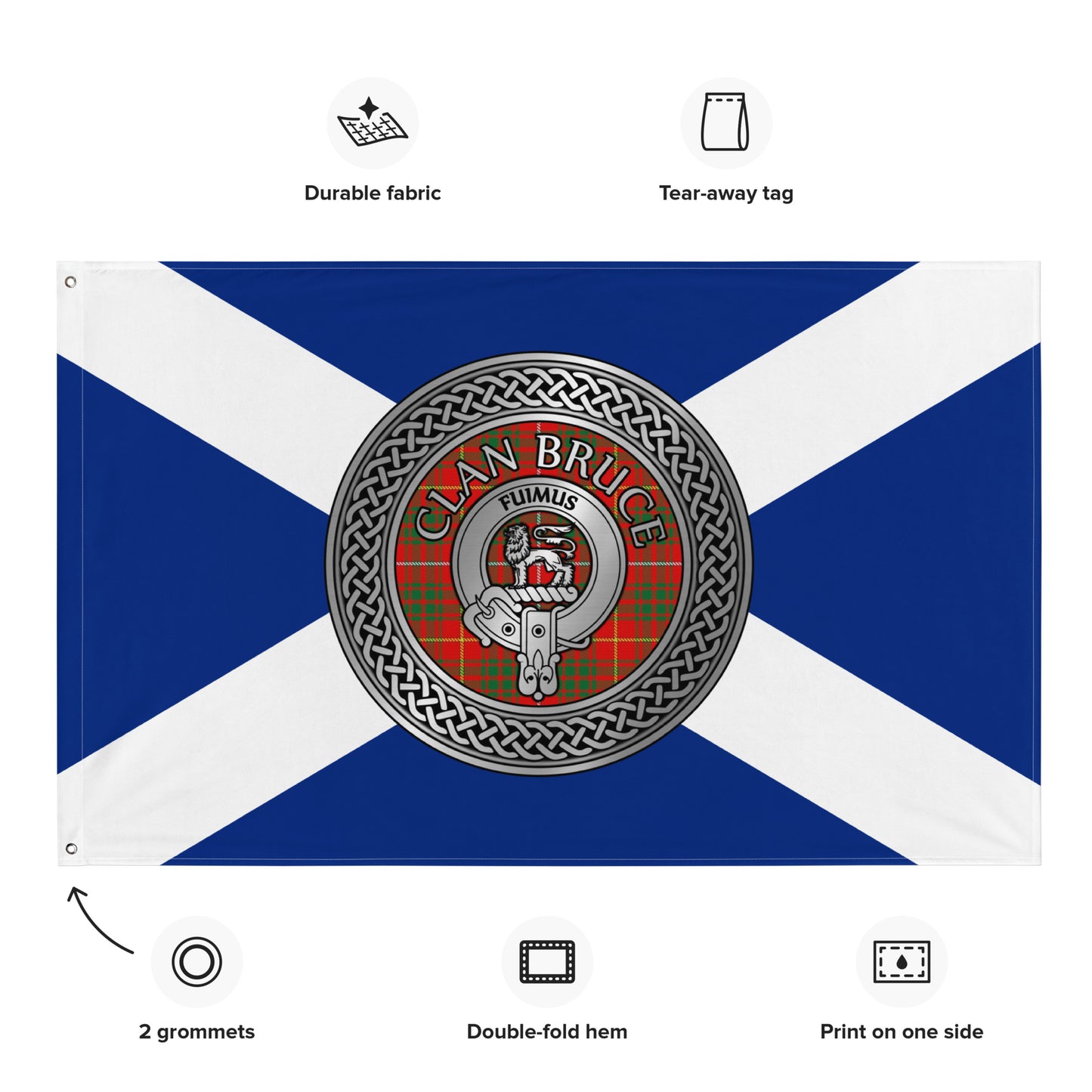 Clan Bruce Crest & Tartan Knot on Scottish Saltire Flag