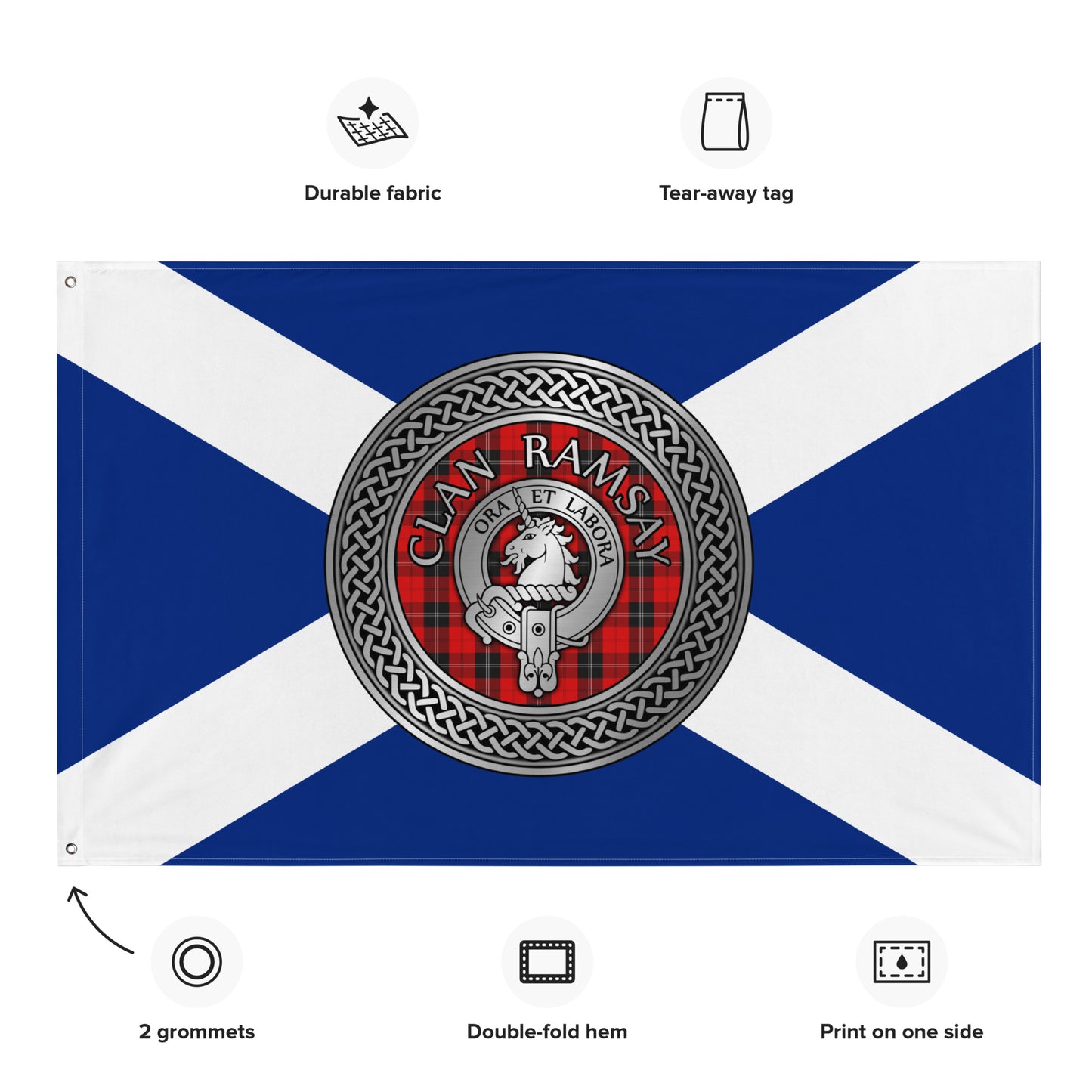 Clan Ramsay Crest & Tartan Knot on Scottish Saltire Flag