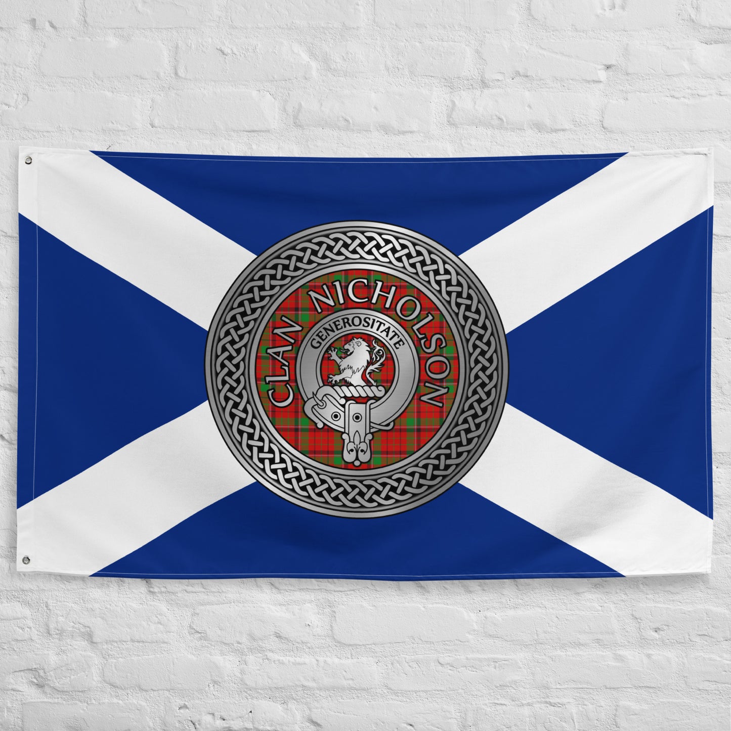 Clan Nicholson Crest & Tartan Knot on Scottish Saltire Flag