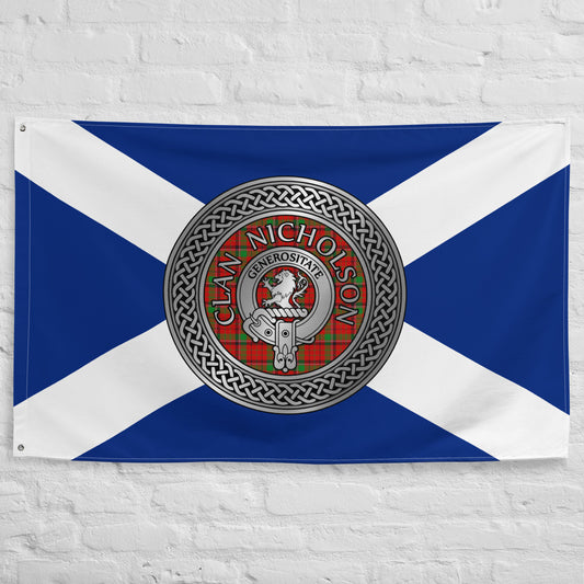 Clan Nicholson Crest & Tartan Knot on Scottish Saltire Flag