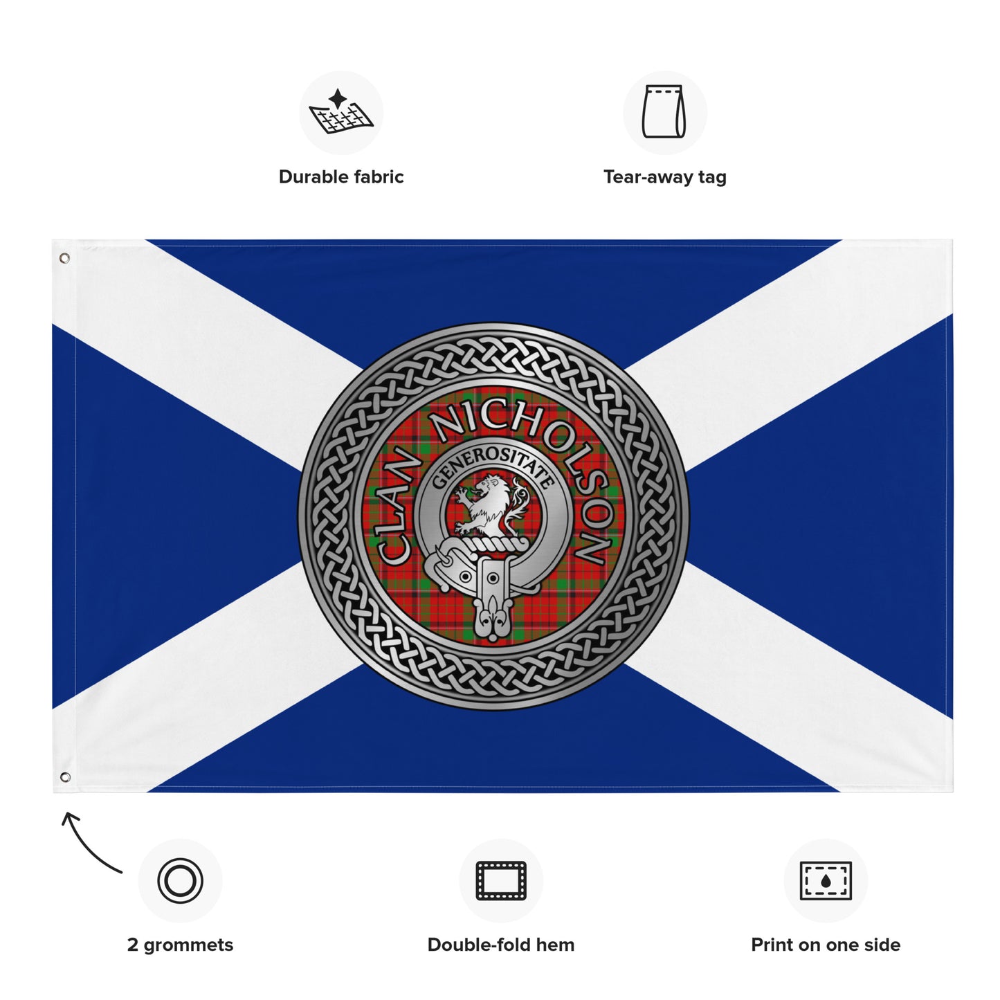 Clan Nicholson Crest & Tartan Knot on Scottish Saltire Flag