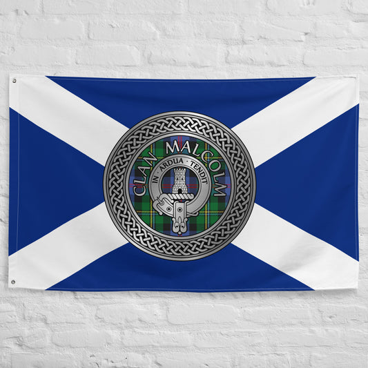 Clan Malcolm Crest & Tartan Knot on Scottish Saltire Flag