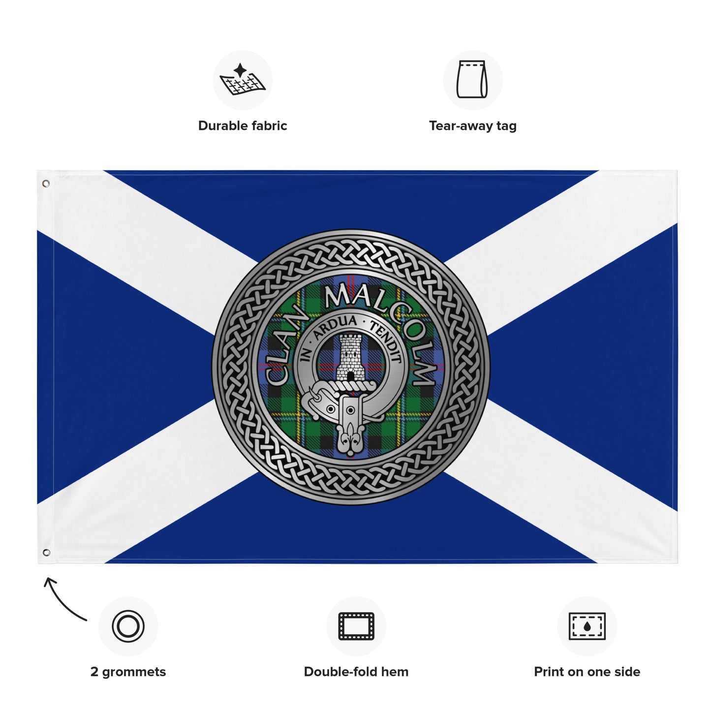 Clan Malcolm Crest & Tartan Knot on Scottish Saltire Flag