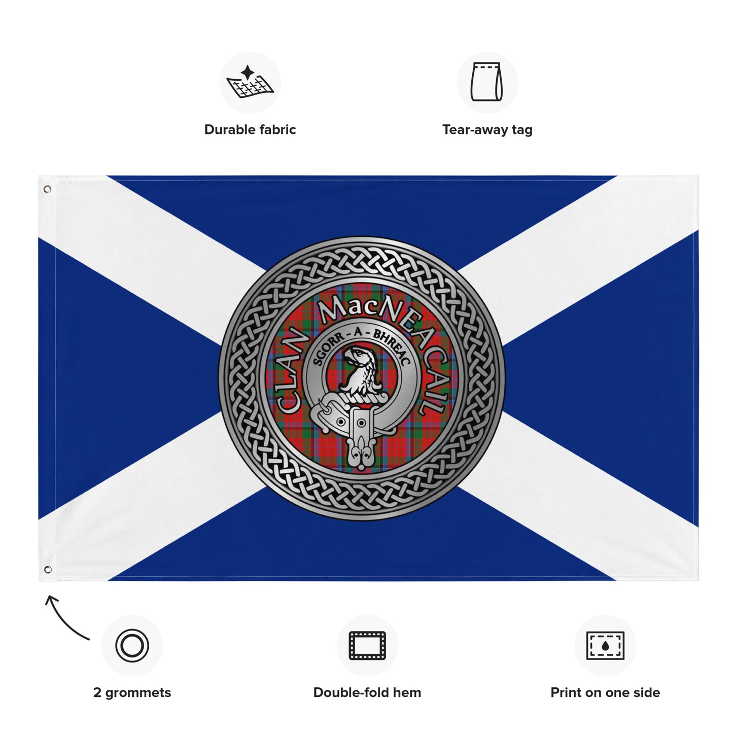 Clan MacNicol Crest & Tartan Knot on Scottish Saltire Flag