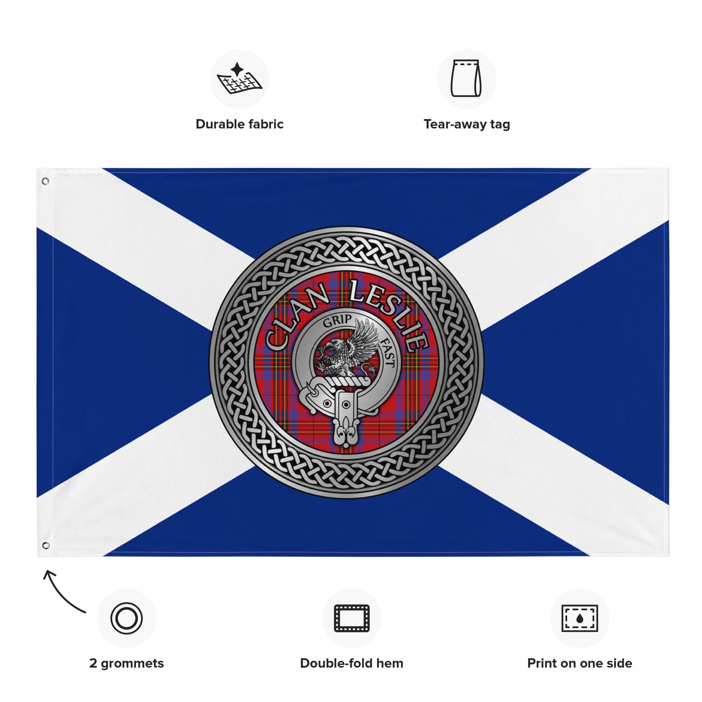 Clan Leslie Crest & Tartan Knot on Scottish Saltire Flag