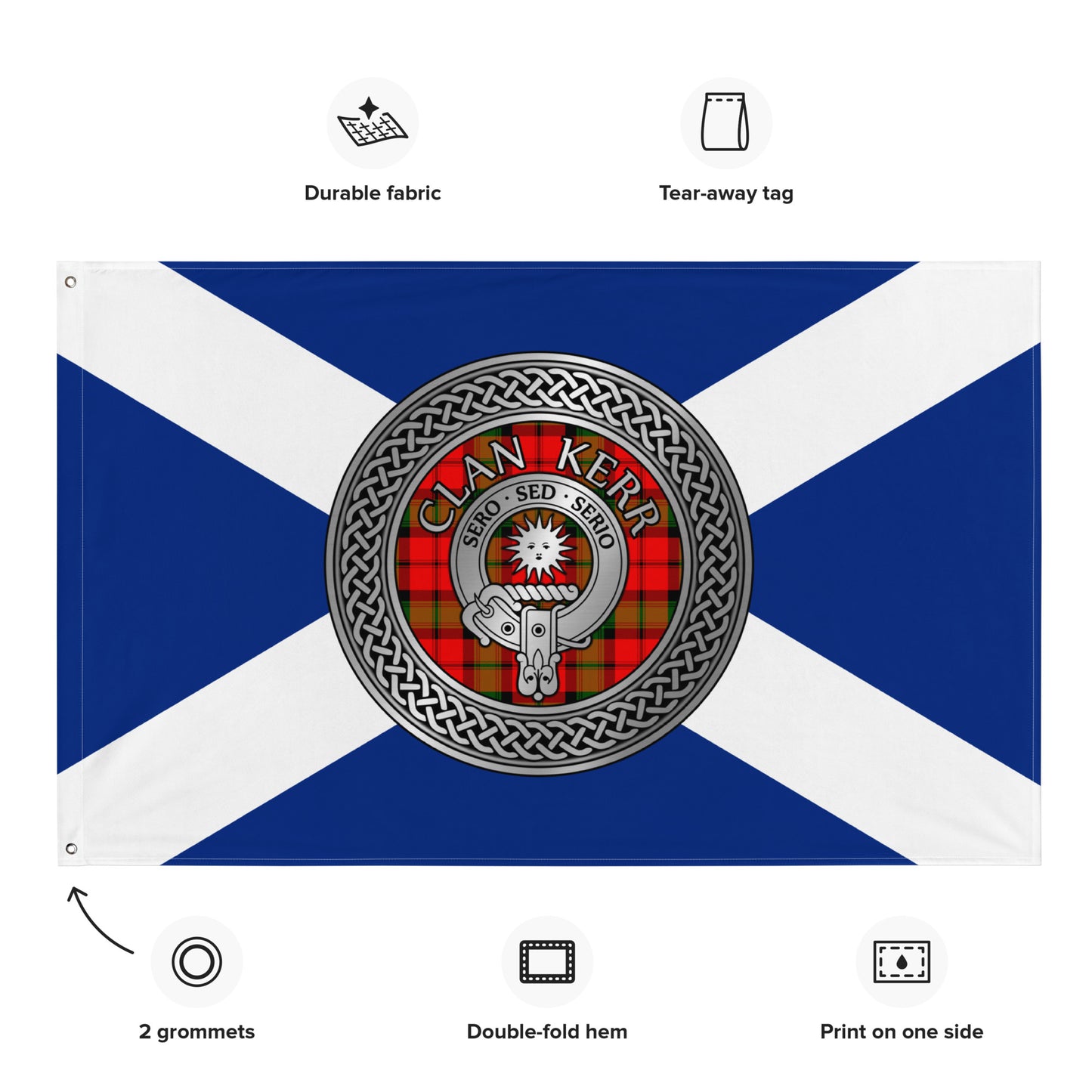 Clan Kerr Crest & Tartan Knot on Scottish Saltire Flag