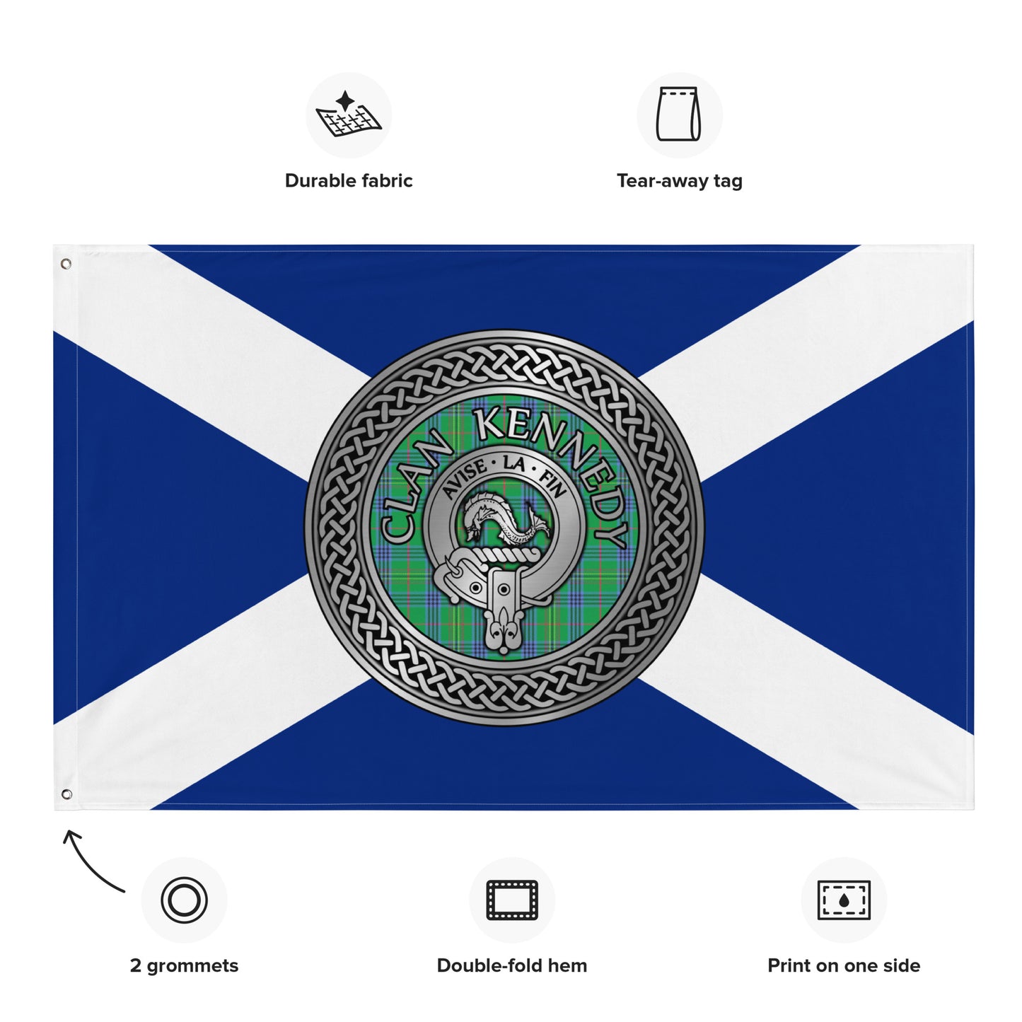 Clan Kennedy Crest & Tartan Knot on Scottish Saltire Flag