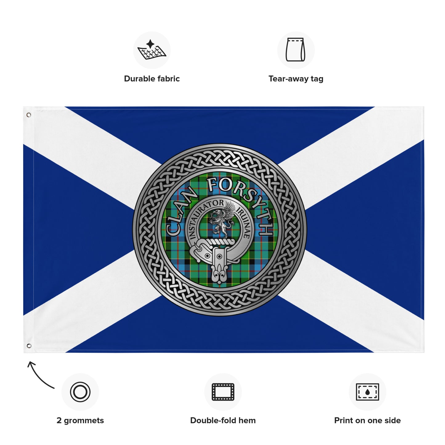 Clan Forsyth Crest & Tartan Knot on Scottish Saltire Flag