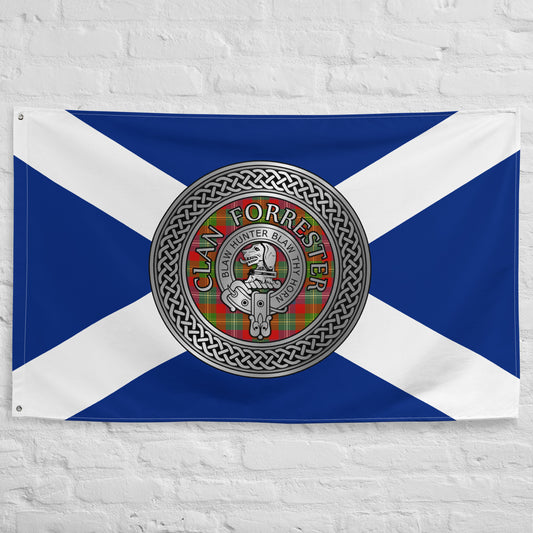Clan Forrester Crest & Tartan Knot on Scottish Saltire Flag