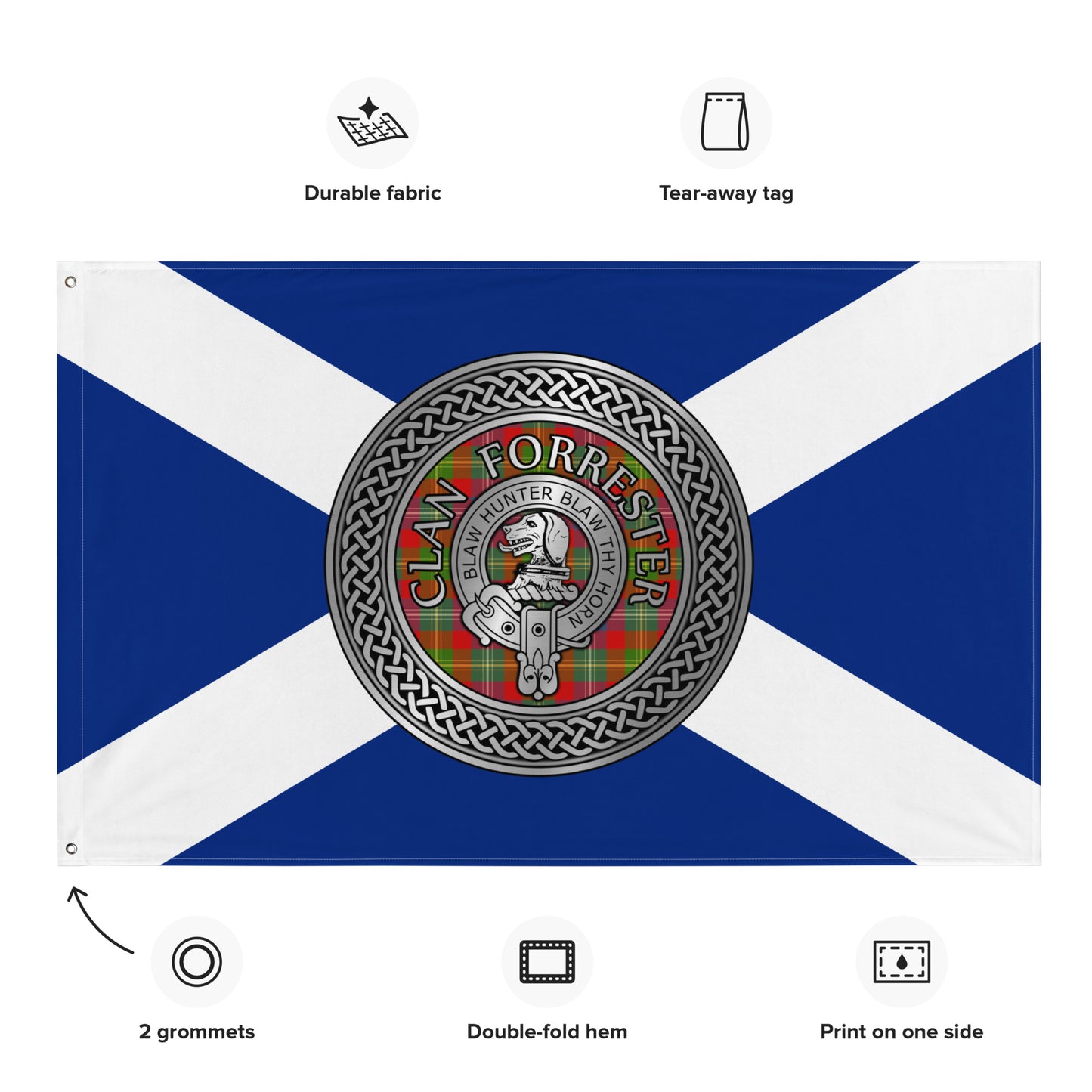 Clan Forrester Crest & Tartan Knot on Scottish Saltire Flag