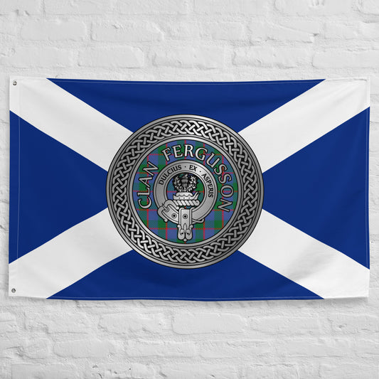 Clan Fergusson Crest & Tartan Knot on Scottish Saltire Flag