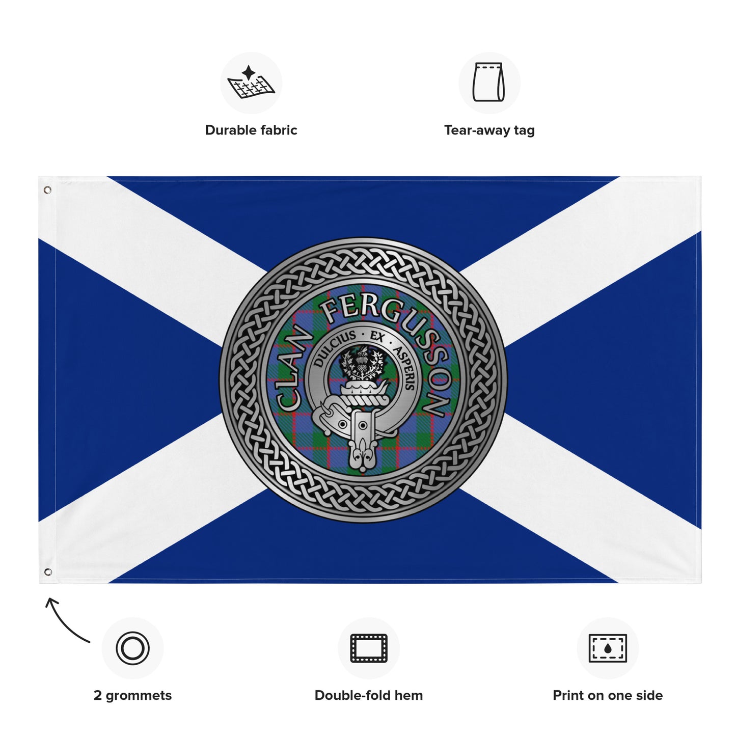 Clan Fergusson Crest & Tartan Knot on Scottish Saltire Flag