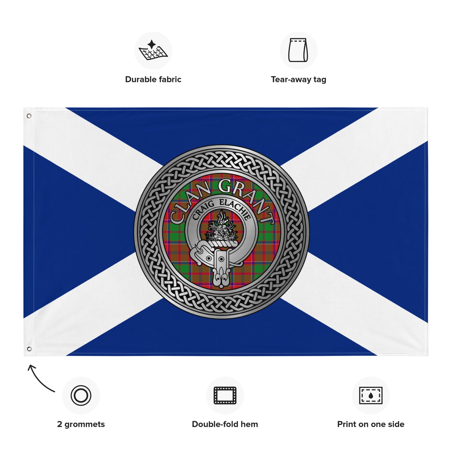 Clan Grant Crest & Tartan Knot on Scottish Saltire Flag