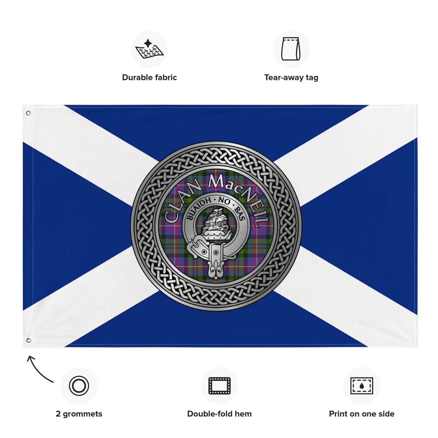 Clan MacNeil Crest & Tartan Knot on Scottish Saltire Flag