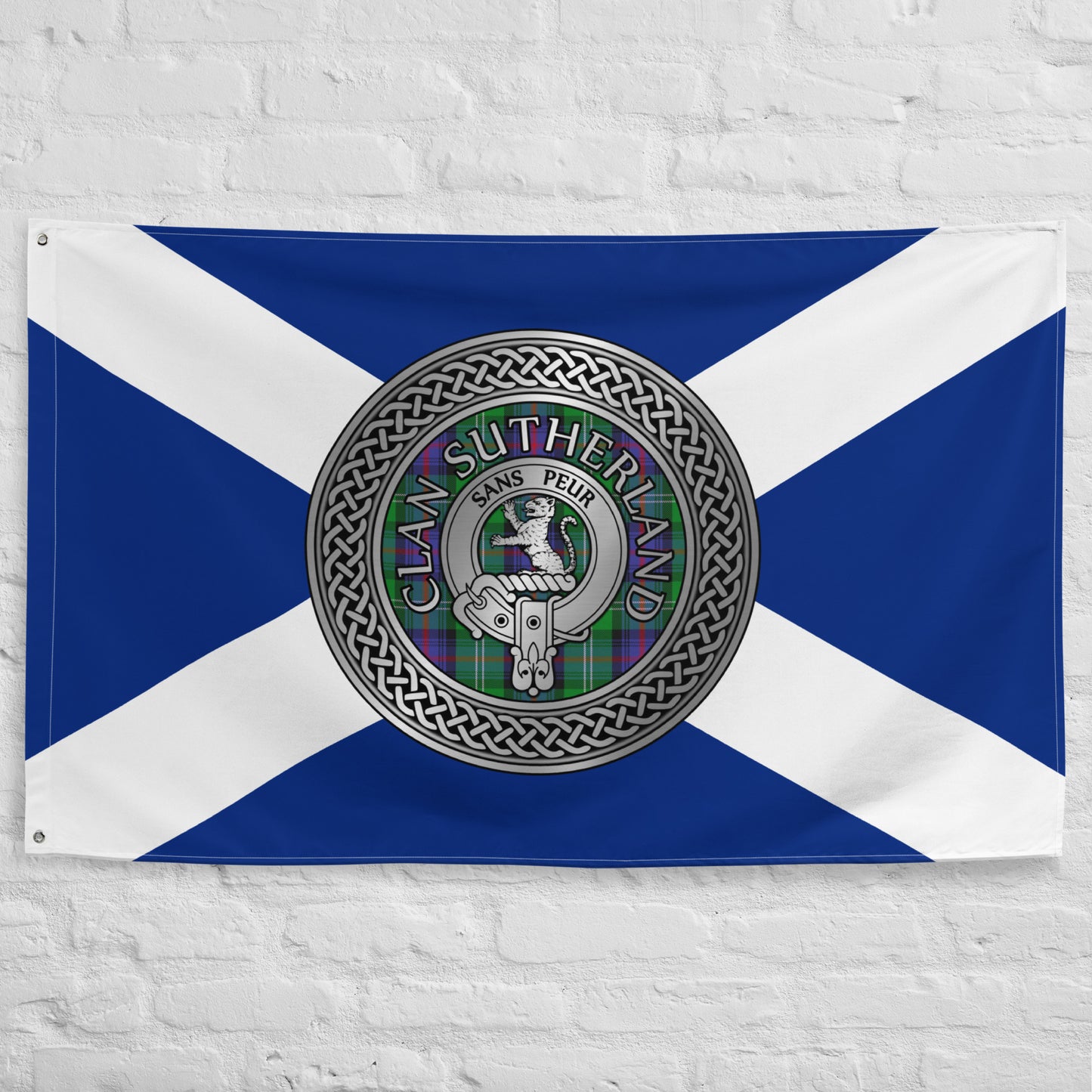 Clan Sutherland Crest & Tartan Knot on Scottish Saltire Flag