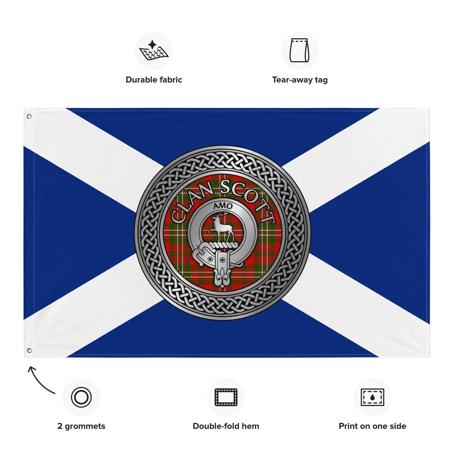 Clan Scott Crest & Tartan Knot on Scottish Saltire Flag